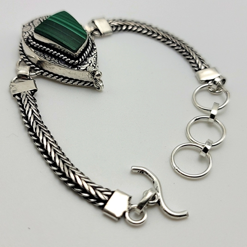 Malachite 925 Silver Plated Poison / Pill Box Bracelet 8.5" Natural Gemstone - Picture 7 of 8